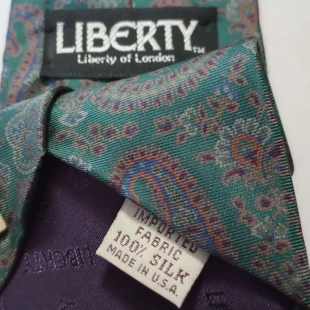 Liberty of London Mens Silk Paisley Tie Green Blue Purple Made in USA Necktie